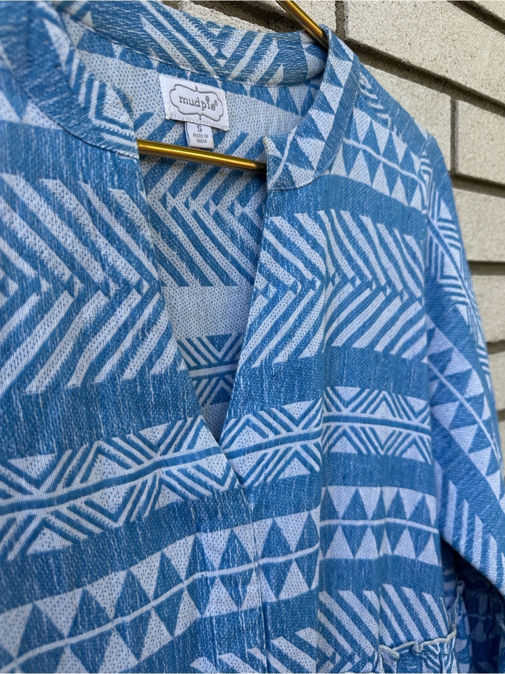 Mud Pie Blue White Geometric Tiered Cotton Dress Boho Beachy Swing S - Picture 8 of 12